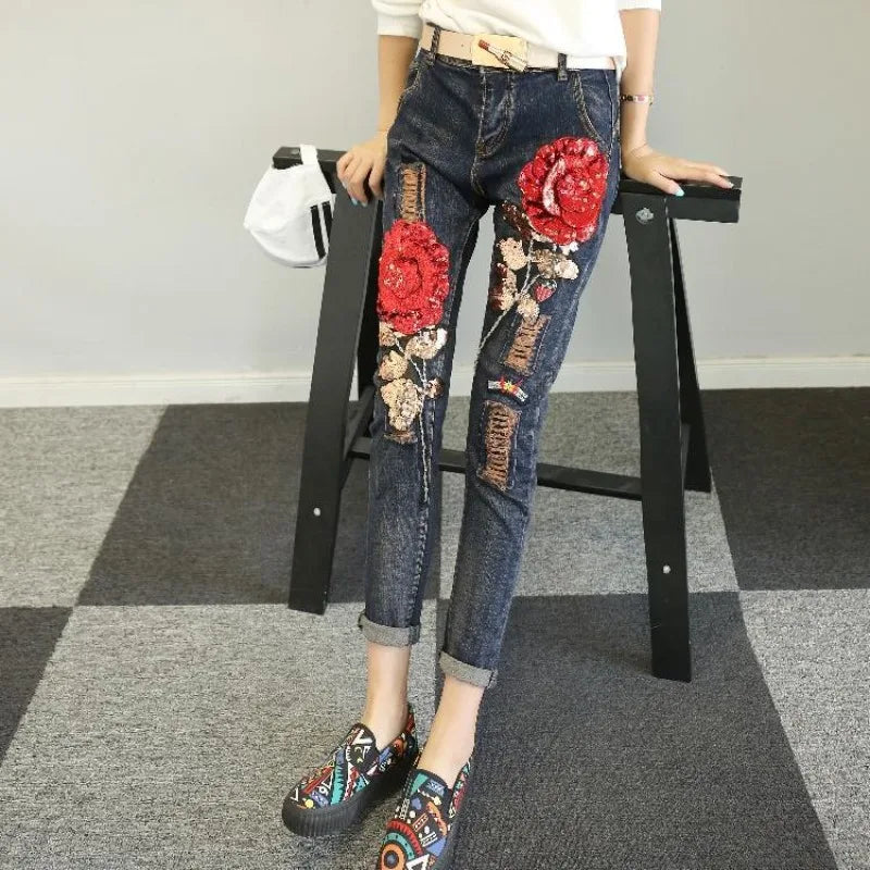 Women Jeans 2026 Spring Autumn Rose Jeans Women's High Waist Slimming Fashion Shorts