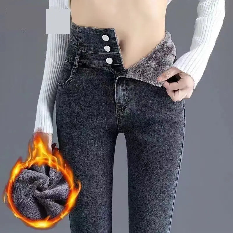 Trendyol Fashion High Waist Plus Fleece Elastic Jeans Women Clothing 2024 Winter Slim Korean Vintage Distressed Pencil Pants