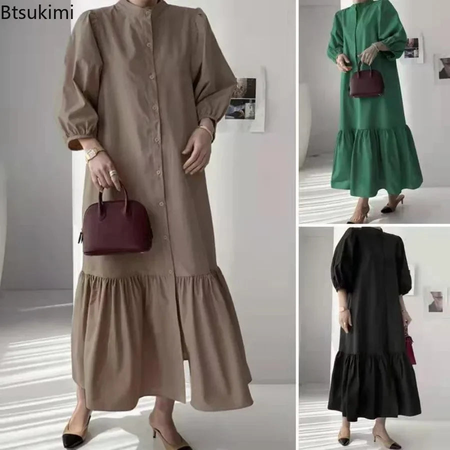 Fashion Summer Dress for Women Vintage Ruffles Hem Cardigan Long Dresses Women Elegant Casual Sundress Party Vestidos Robe Femme
