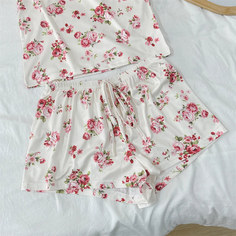 Summer Women's Cherry Print Pajama Set Sexy Ice Silk Sleeveless Vest and Shorts Girls Casual Cute Printed Sleepwear for Lounging