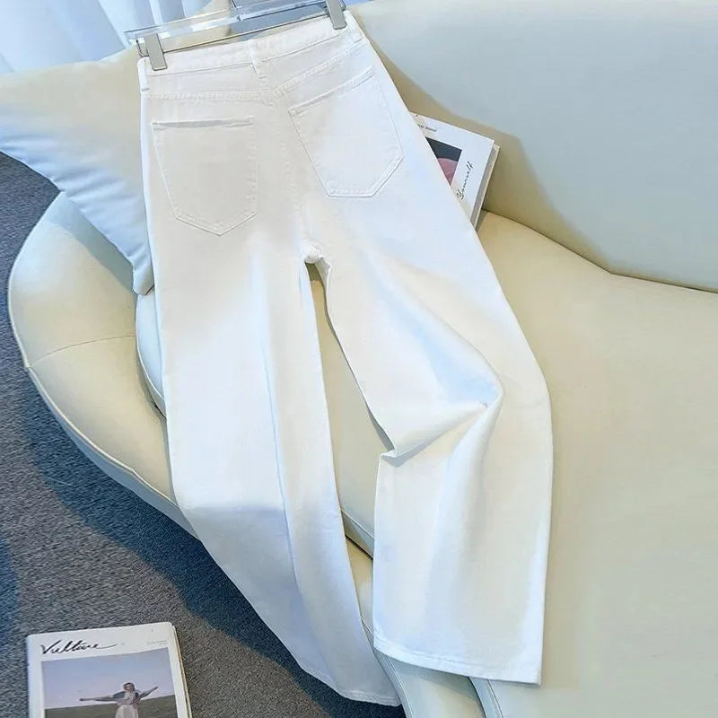 Korean 2026 White Wide-leg Jeans Women's Spring Summer New High Waist Loose Wild Straight Denim Pants Lady Cowboy Trousers