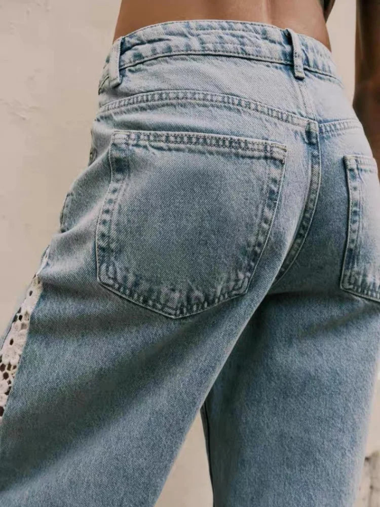 2026 Ropa Y2K Fashion Hollow Lace Patchwork Vintage Blue Baggy Jeans Pants For Women Clothing Korean Casual Lady Denim Trousers