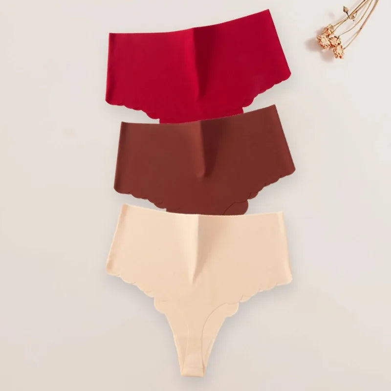 3Pcs/Set High-Waist Women's Panties Thongs Plain Slip Silk Wave Edged Fashion Seamless Female Underwear G-String for Ladies XS-L