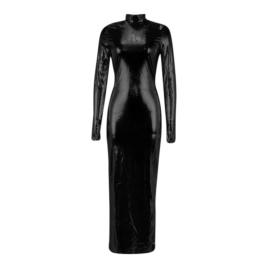 Vintage Faux Leather Evening Dresses Ladies Fashion Leisure Shiny Leather Bodycon Long Dresses Sexy Backless Club Party Dresses