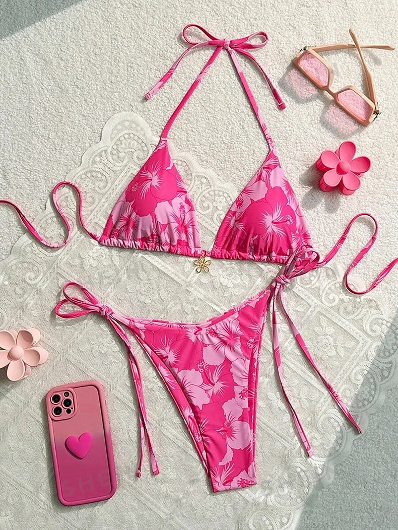 Sexy Pink Floral Print Bikini 2025 Mujer Women Metal Flower Ornament Push Up Thong Swimwear Summer Bathing Suit Micro Swimsuit