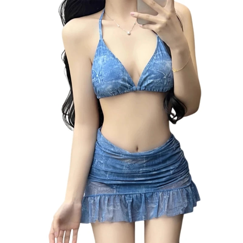 4 Pieces Swimsuit for Women Halters Swimming Suit Long Sleeves Swimwear with Cover Up & Beach Skirt Summer Bathing Suit