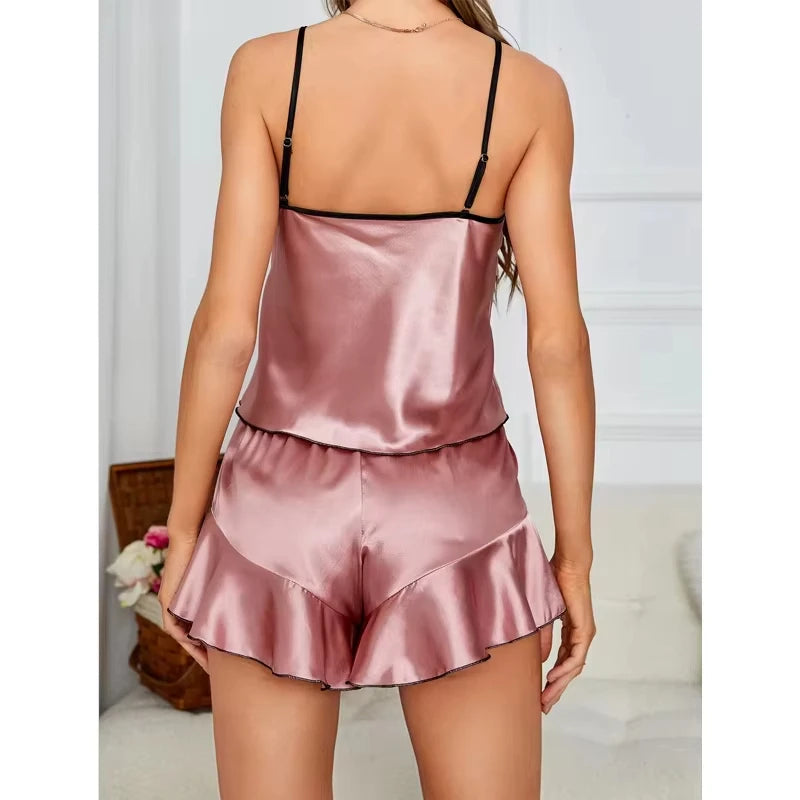 Women's Smooth Satin Pajamas V-Neck T-Shirt Ruffled Edges And Bow Shorts Simple And Breathable Pajama Set Sling Home Clothing