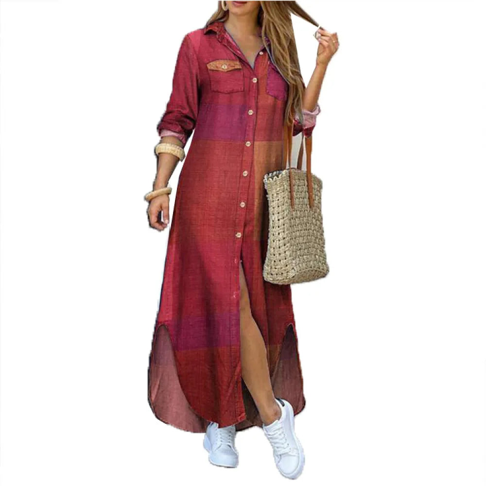 Camouflage Leopard Letters Floral Printed Dresses for Women 2025 Buttons Long Sleeve Loose Split Casual Solid Maxi Dress Robe