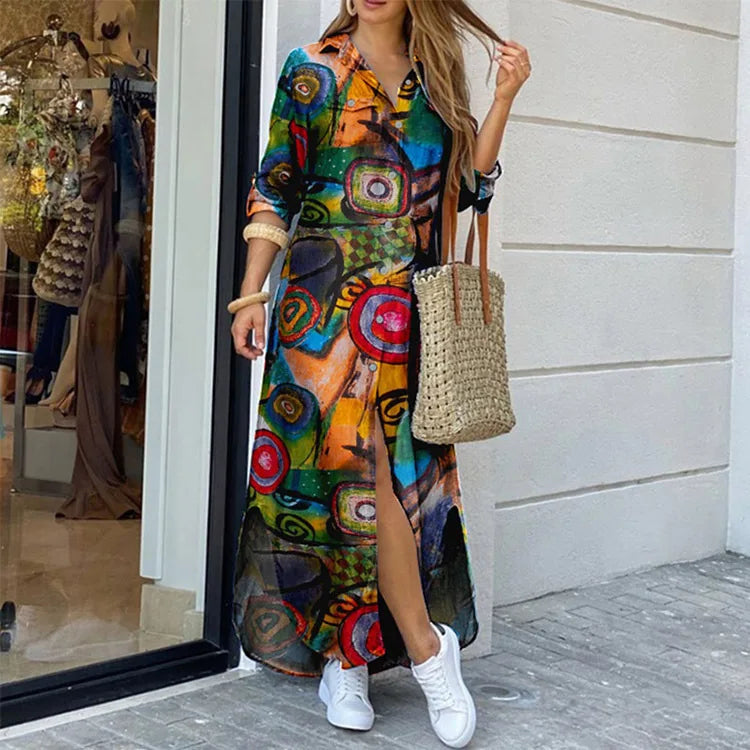 Camouflage Leopard Letters Floral Printed Dresses for Women 2025 Buttons Long Sleeve Loose Split Casual Solid Maxi Dress Robe