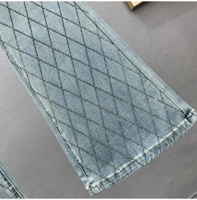 Slim-Fit Denim Micro Flared Pants Female Tide New Fashion Elastic High Waist Rhinestone Button Zipper Temperament Joker Pants