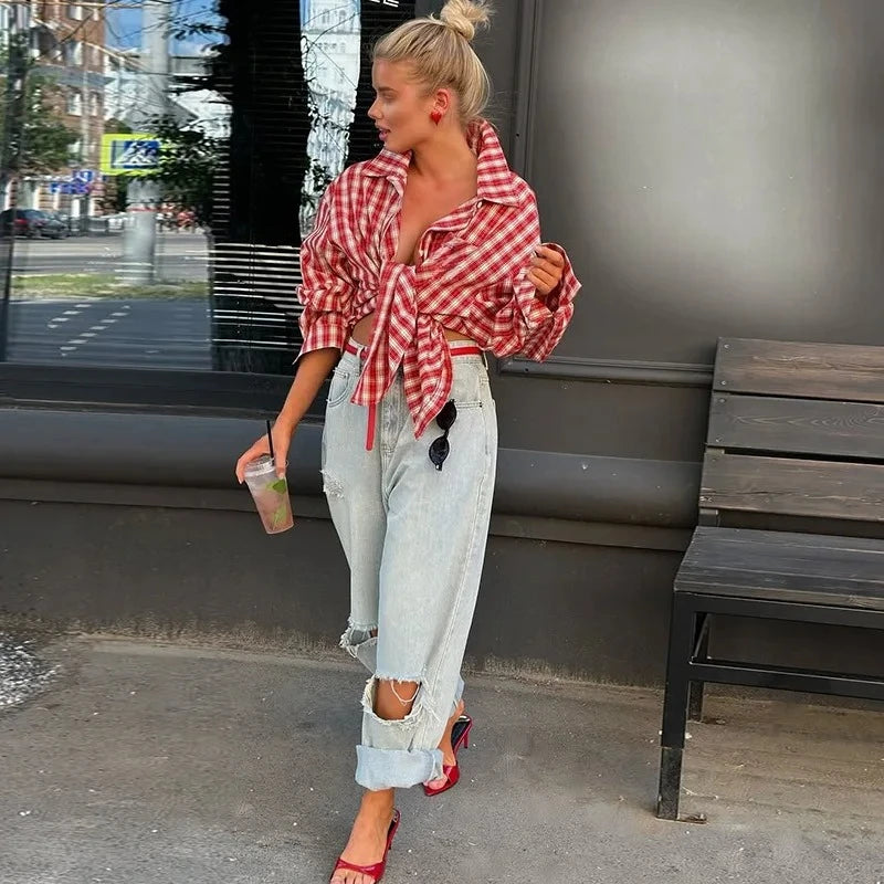 Women's Fall Summer 2025 New Fashion Retro Lapel Plaid Loose Red Long Sleeve Shirt Top