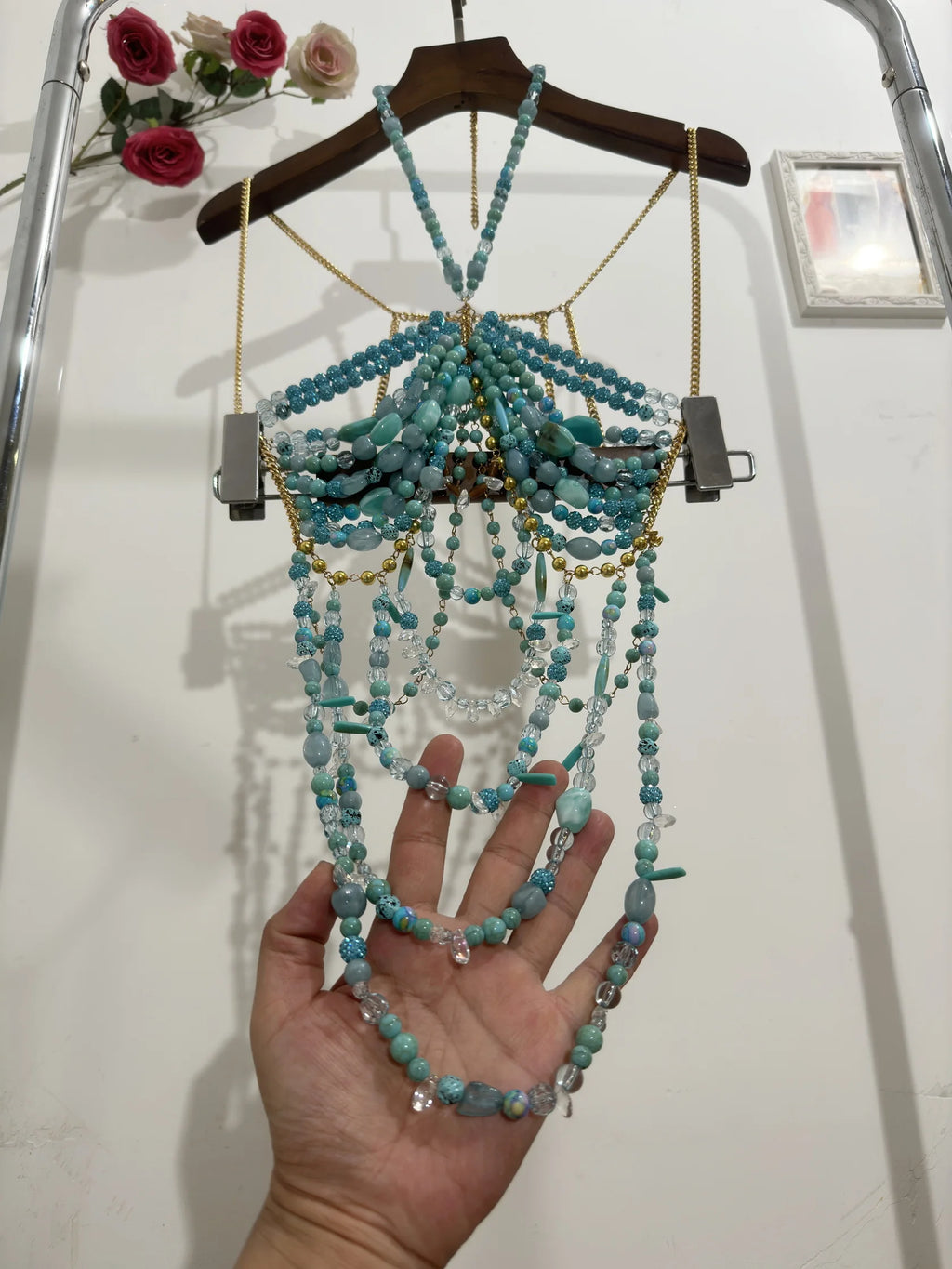 H80&90 New Sexy Women Handmade Glitter Turquoise Color Stone Bead Body Chain Hollow Out Bikini Bra Top Holiday Beachwear Lingeie