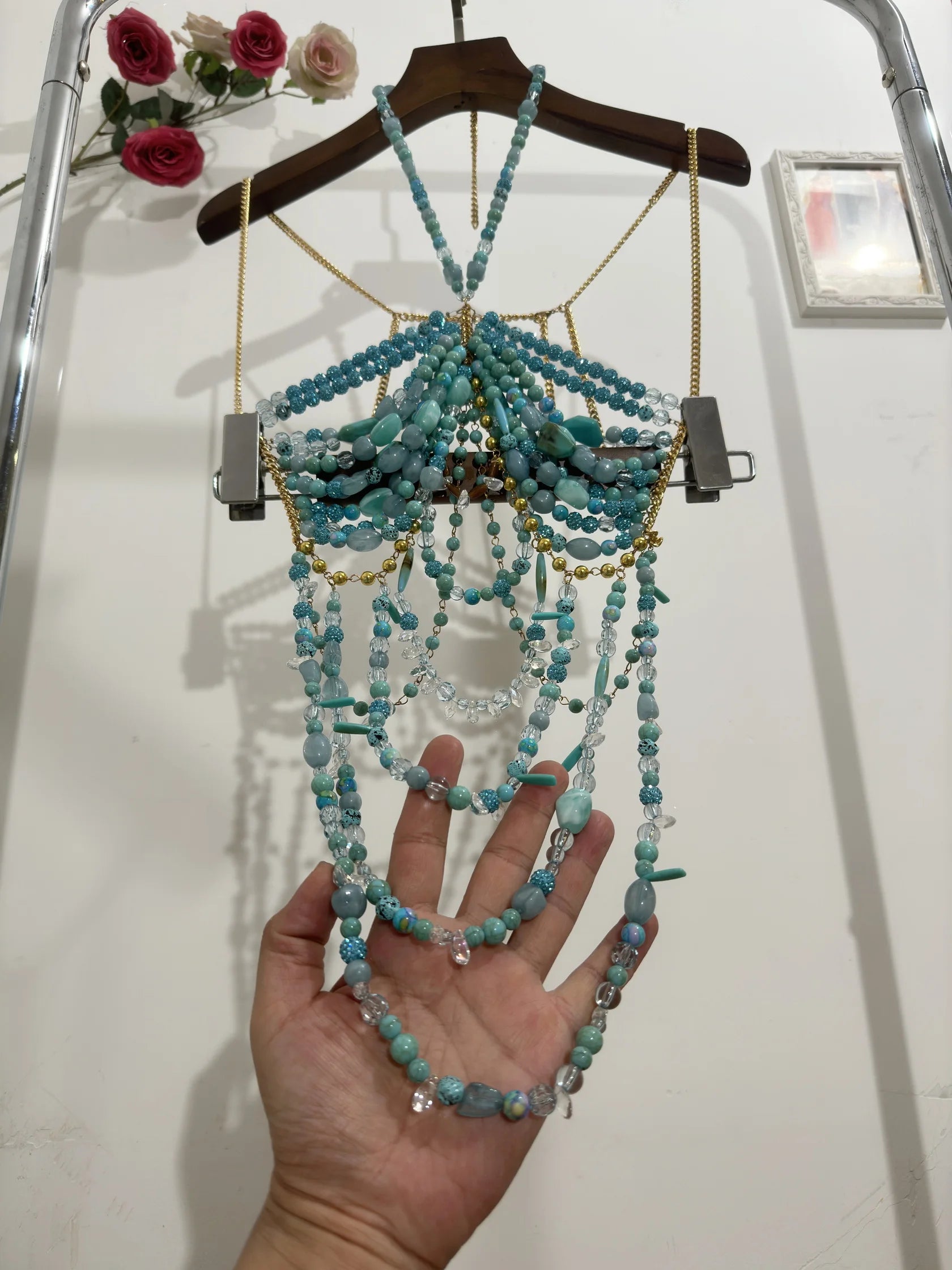 H80&90 New Sexy Women Handmade Glitter Turquoise Color Stone Bead Body Chain Hollow Out Bikini Bra Top Holiday Beachwear Lingeie