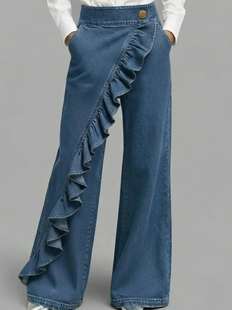 SHENGPALAE American Style Loose Irregular Splicing High Waisted A-line Wide Leg Jeans For Women Spring 2026 New