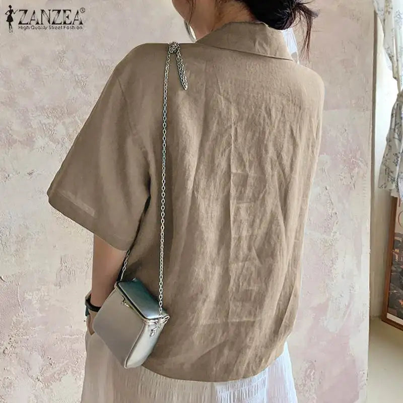 2023 ZANZEA Summer Shirt Women Blouses Turn-Down-Collar 3/4 Sleeved Buttons Up Blouse Loose Tops OL Shirts Solid Blusas Tunic