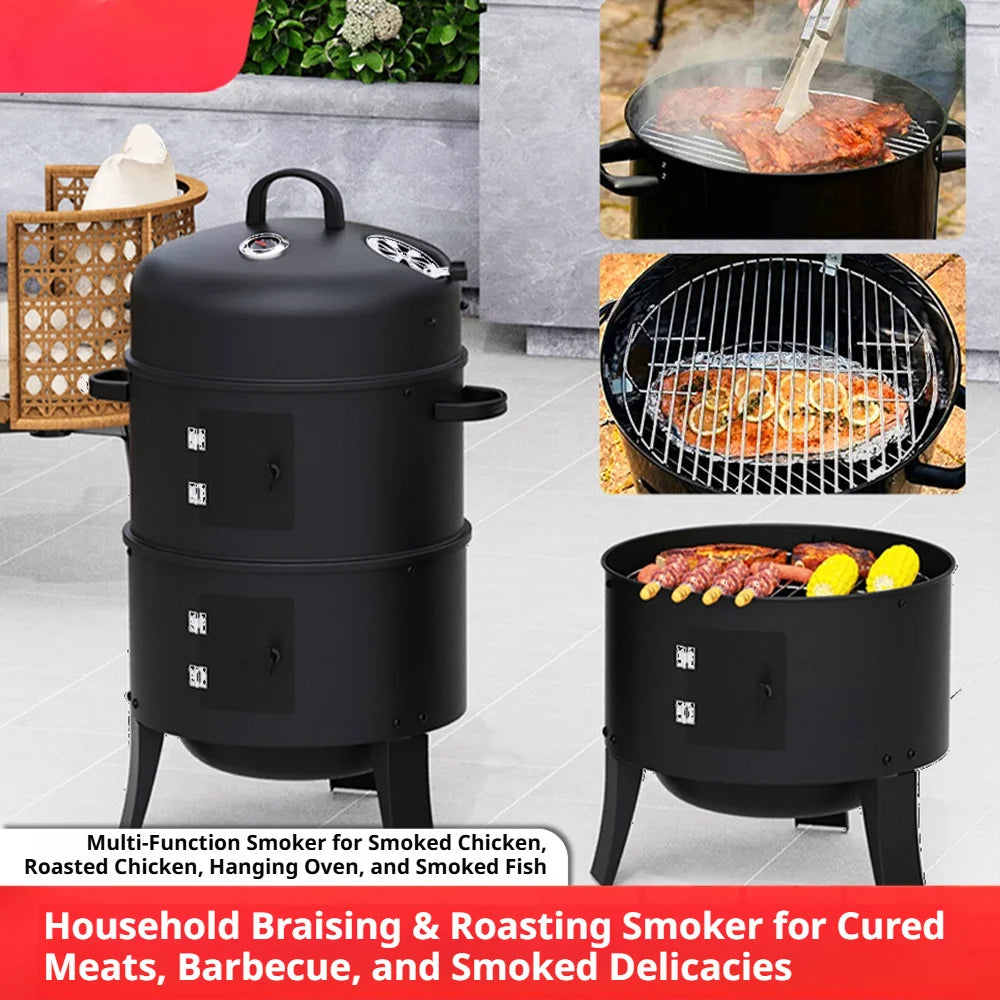 3-Tier Charcoal Smoker Grill, Outdoor & Home Hanging BBQ Smoker, Portable Barbecue Grill
