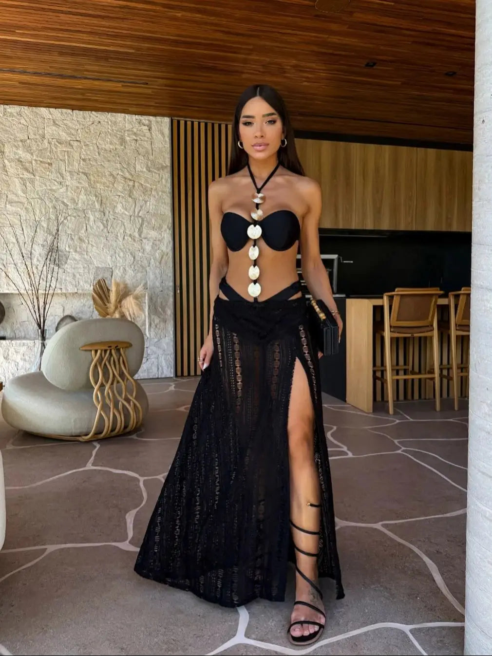 3 Pcs Swimwear with Skirt Women High Leg Bandage Swimsuit Tie-Neck Bathing Suit Halter Slit Skirt Beach Dance Robe