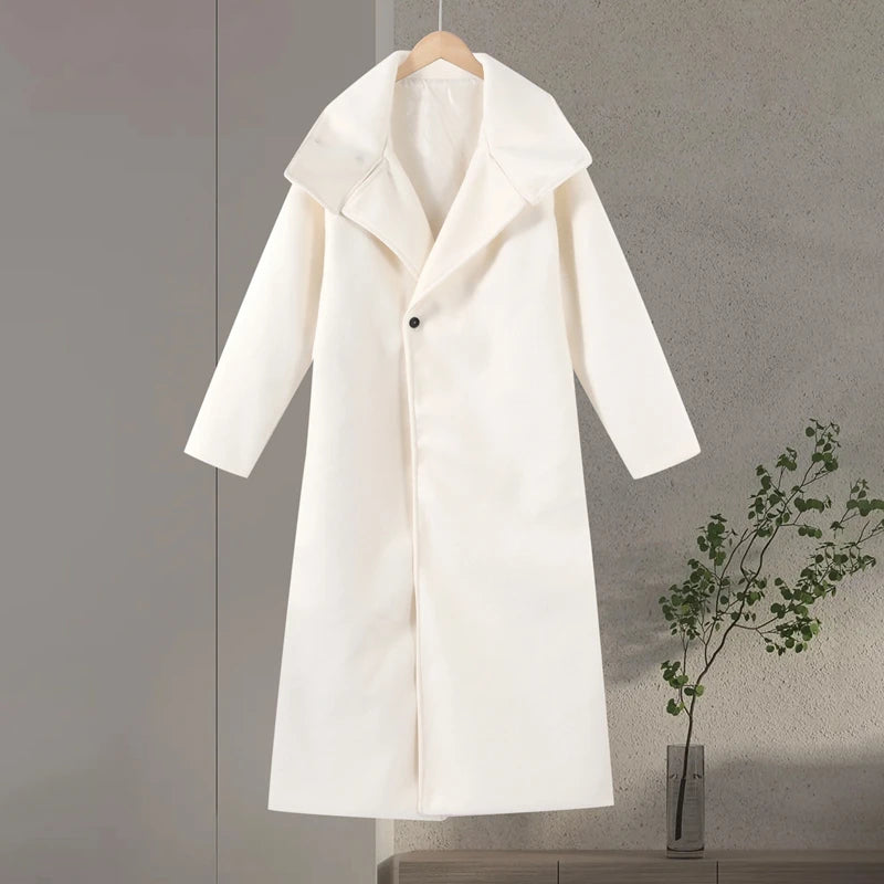Elegant Stand Collar Long Woolen Coat Women Loose Full Sleeve Single Breast Warm Overcoat 2026 Spring Lady Outwear New