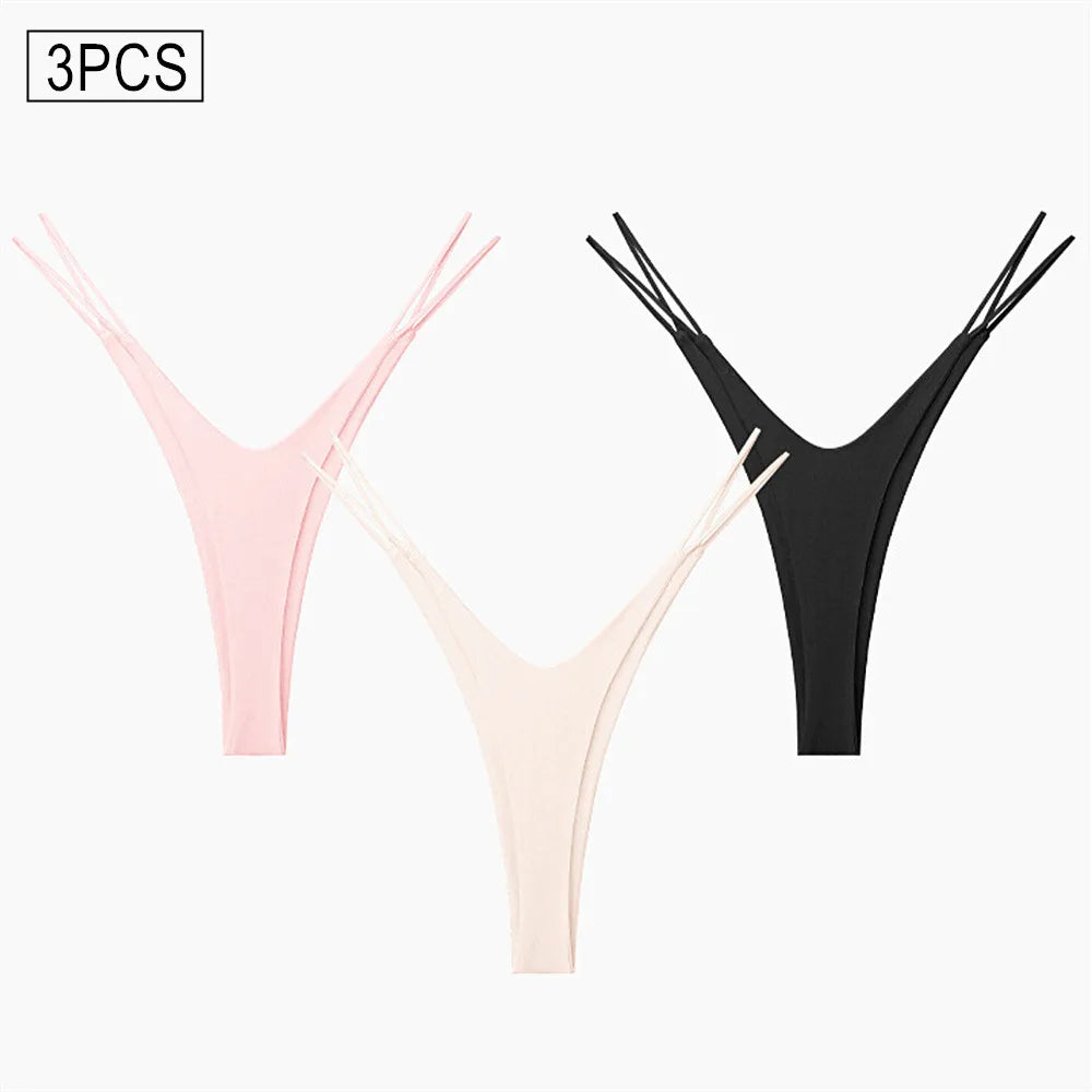 3Pcs/Pack Double Thin Strap Women's Sexy Hot Underwear Low Waist Double Layer Cotton Thong High Cut Seamless Sports G-string
