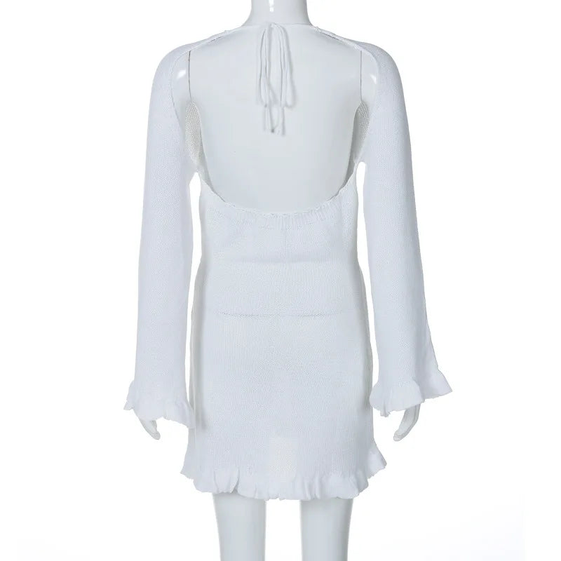 2026 Women Ins Style Sexy Backless Neck-hanging Long Sleeve Fishtail Dress Knit Beachwear Summer Swimsuit Bikini Cover-ups A2825