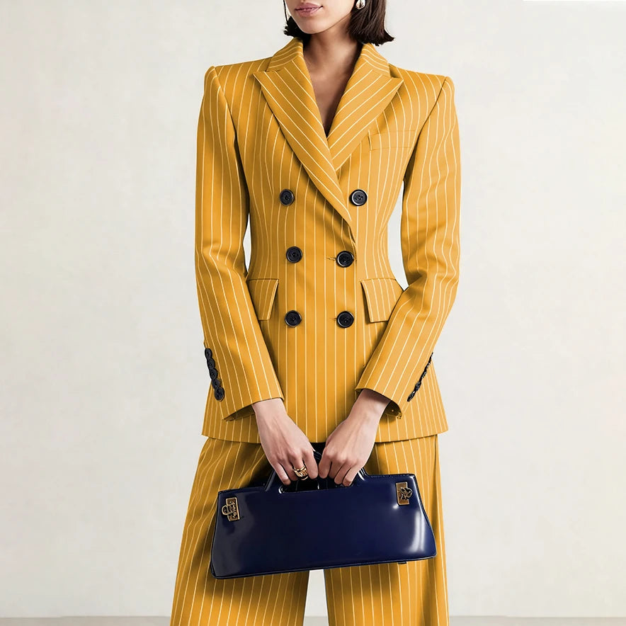Slim Chic Double Breasted Women Pants Set High-end Female Two Pieces(Jacket+Trousers)أطقم بناطيل