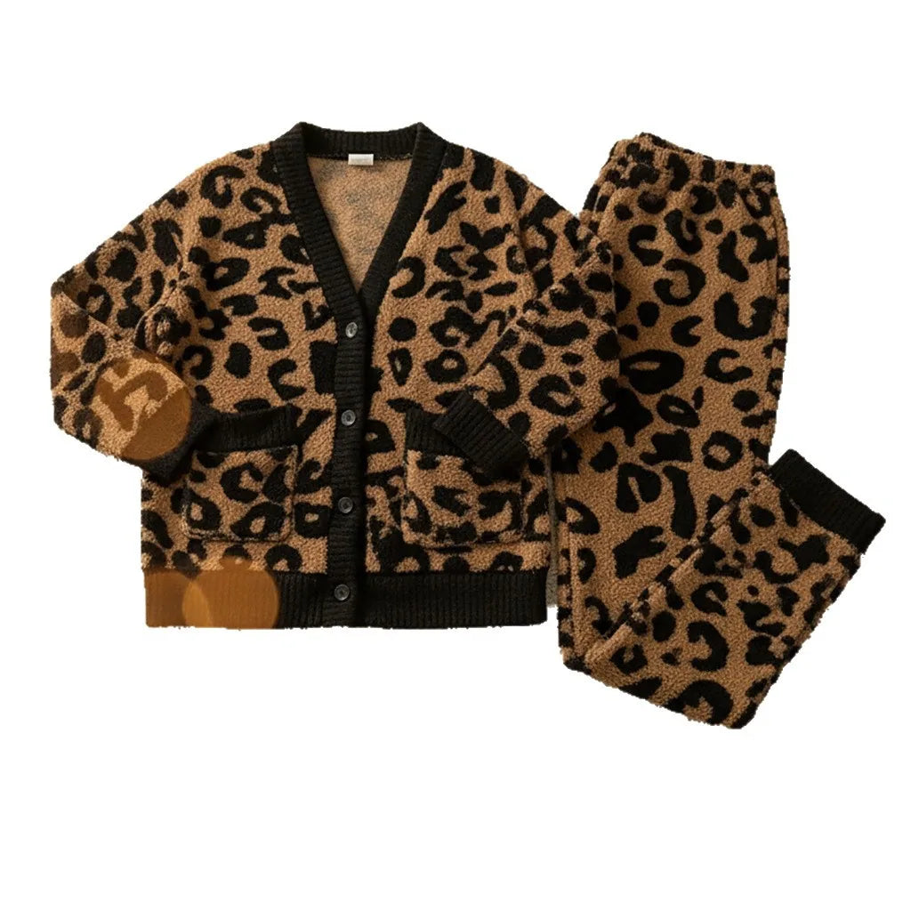 Winter Thickened Fleece Lined Half Velvet Pajamas Women's Home Clothes Set Simple Korean Leopard Print Sleepwear V-neck