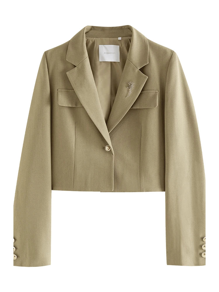ZIQIAO Temperament One-button Brooch Short Suit for Women Spring Chic Commuter Straight Long Skirt + Short Blazer Jacket Female