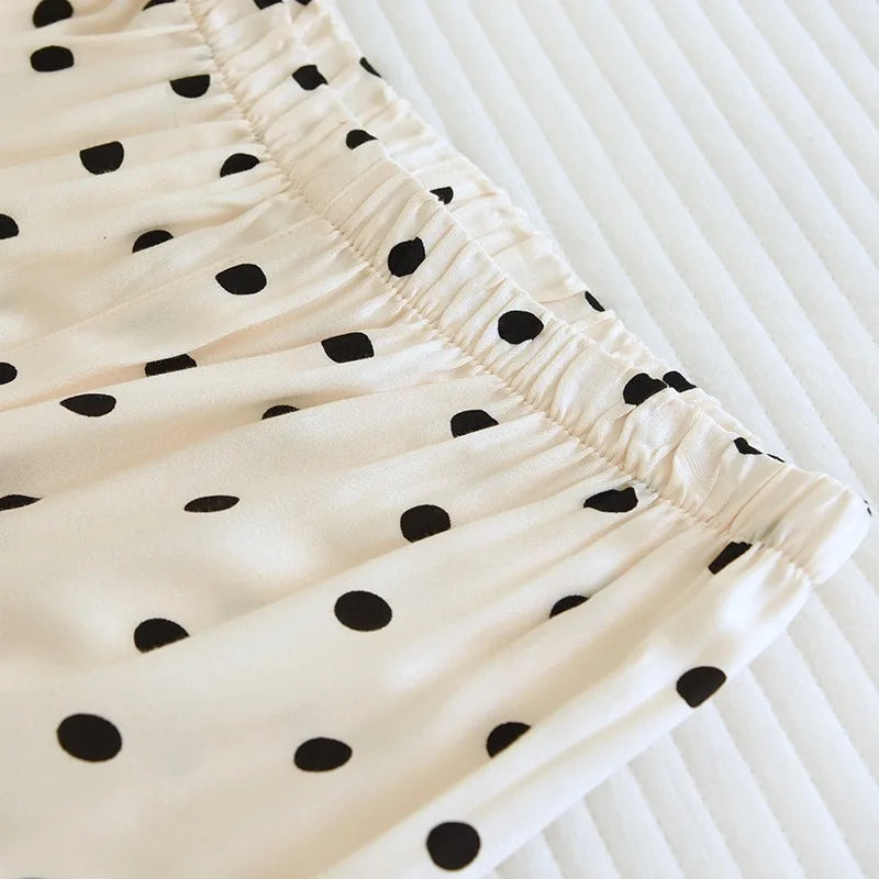 2023 Spring/Summer New Women's Pajama Set Gongsatin Cotton Women's Pajama Silk 100% Viscose Polka Dot Print Sleepwear 2-Piece