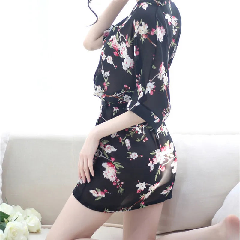 Women Floral Print Sexy Lingerie Nightdress Underwear Robe Chiffon Sleepwear