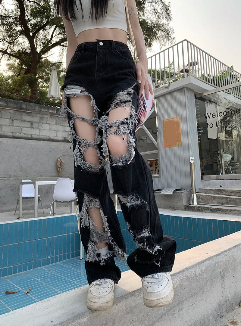 Zoki Hip Hop Hole Jeans Women Y2K Streetwear Harajuku Hollow Out Denim Pant American Retro High Waist Female Straight Trousers