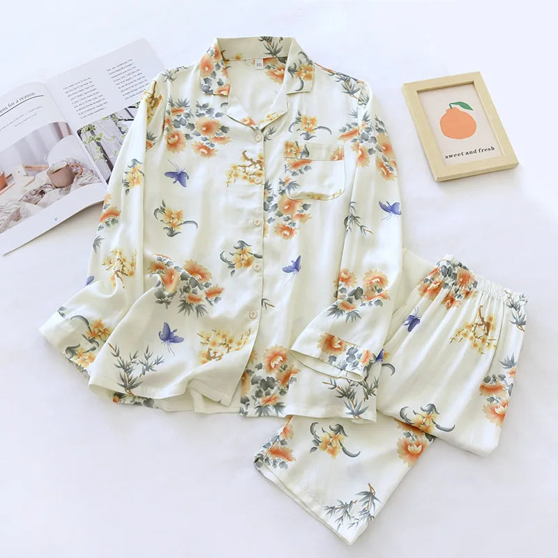 2023 Spring/Summer New Women's Pajama Set Gongsatin Cotton Women's Pajama Silk 100% Viscose Polka Dot Print Sleepwear 2-Piece