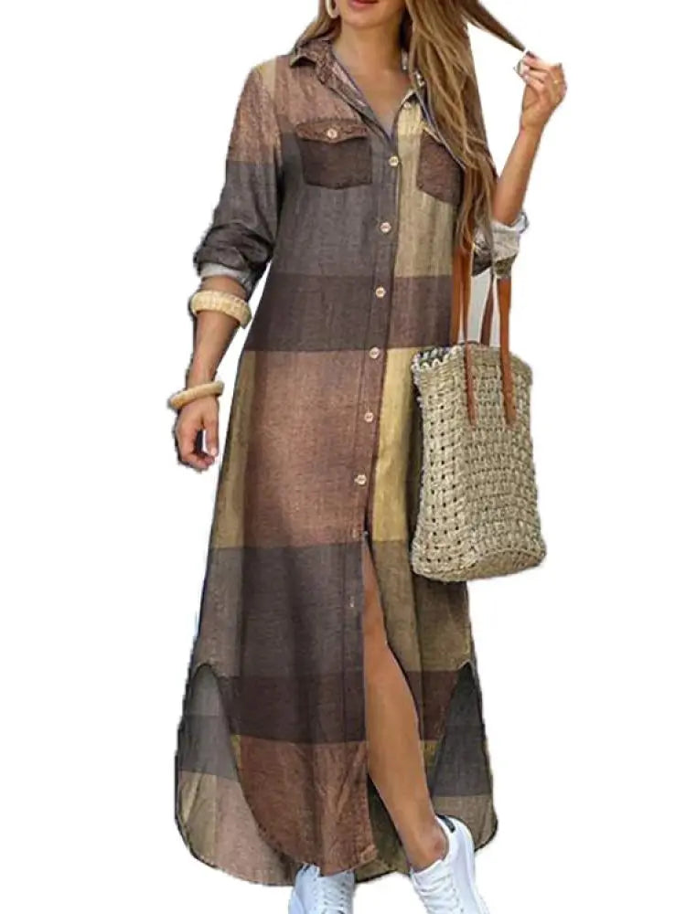 Camouflage Leopard Letters Floral Printed Dresses for Women 2025 Buttons Long Sleeve Loose Split Casual Solid Maxi Dress Robe
