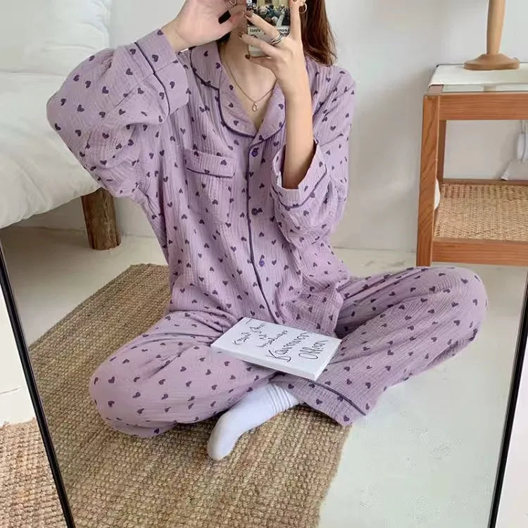 Cotton Women's Pajamas Korean Sleepwear Summer 2021 Pijama Heart Print Pyjamas Short Sleeve 2 Piece Set Suits Loungewear