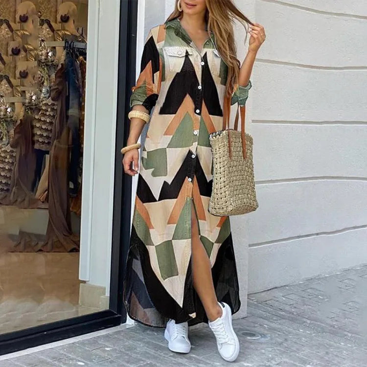 Camouflage Leopard Letters Floral Printed Dresses for Women 2025 Buttons Long Sleeve Loose Split Casual Solid Maxi Dress Robe