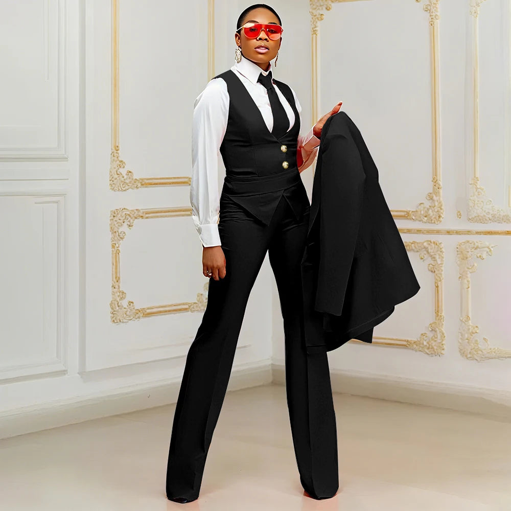 Orange Women's Suits Customized Plus Size Formal Single-breasted Peaked Lapel Three Pieces (Jacket+Pants+Vest) Office Lady Set