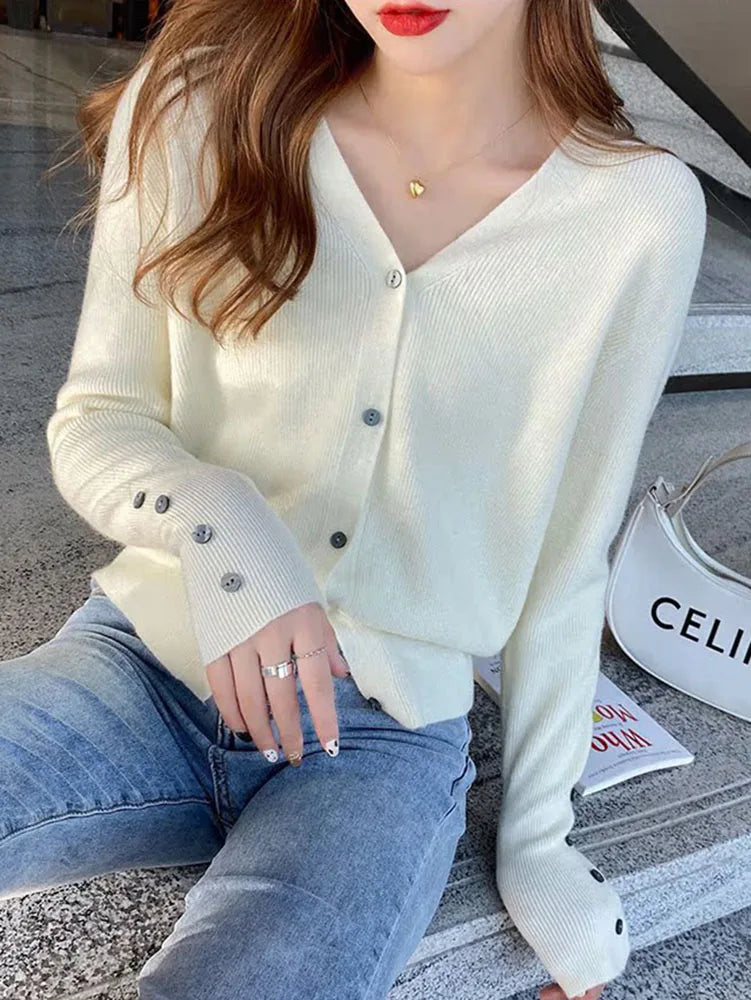 2025 Autumn And Winter Casual Sweater V Neck Women Korean Fashion Tops Long Sleeve Solid Basic Knitted Cardigan Female