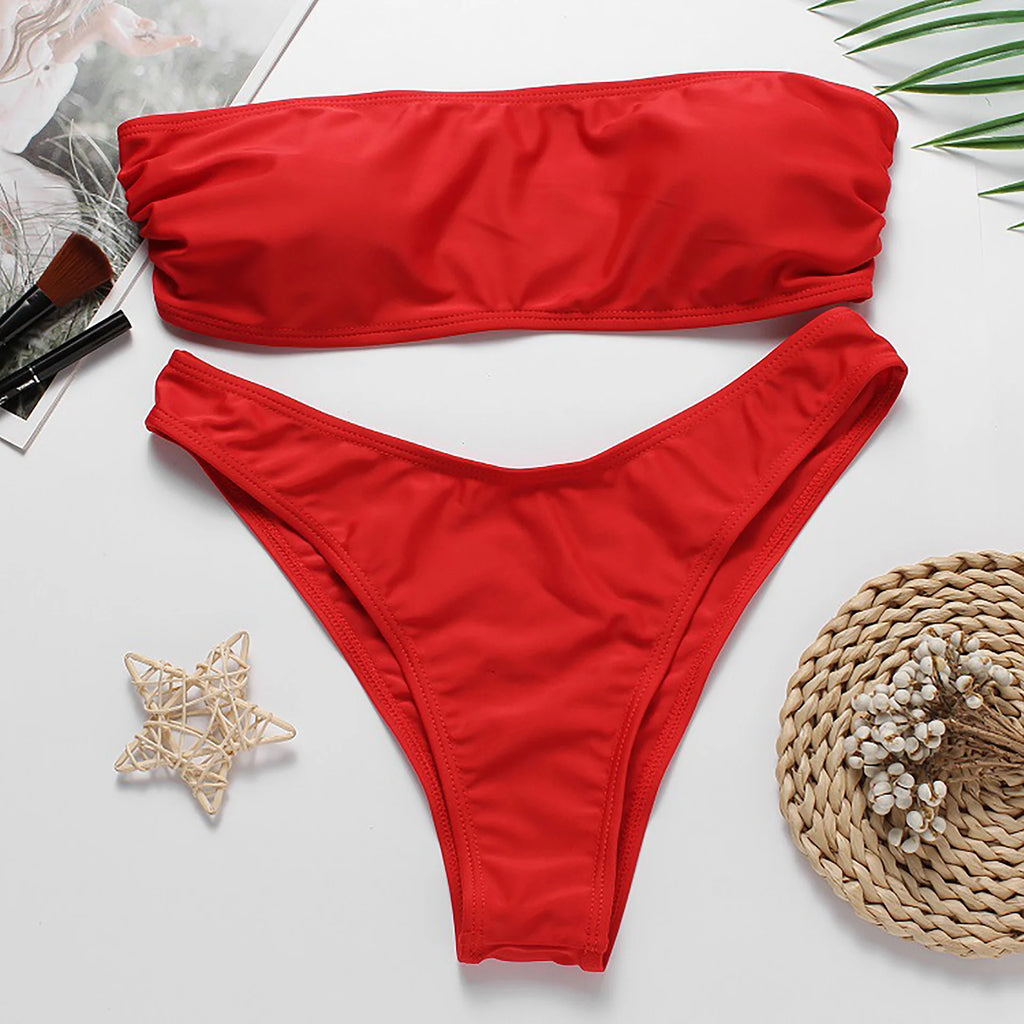2025 Sexy Two-piece Low Waist Swimwear New Solid Bandeau Bikini  Women's Push Up Beachwear Female Swimsuit Backless Bathing Suit