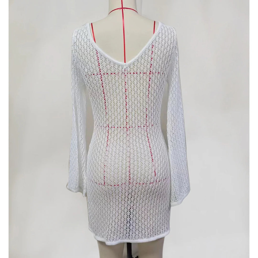 V Neck Long Sleeve Hollow Out Crochet Knitted Tunic Beach Cover Up Cover-ups Beach Dress Beach Wear Beachwear Female Women V6081
