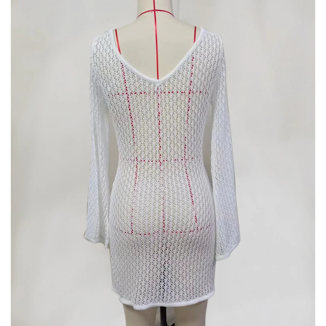 V Neck Long Sleeve Hollow Out Crochet Knitted Tunic Beach Cover Up Cover-ups Beach Dress Beach Wear Beachwear Female Women V6081