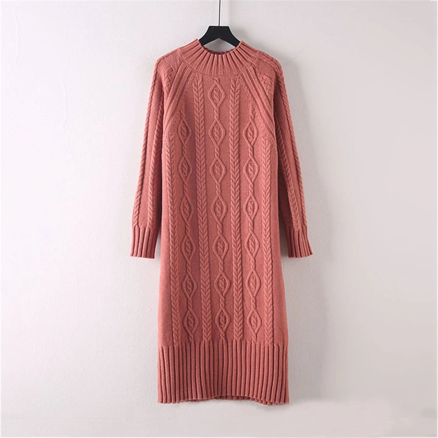 Winter Thicken Plush Velvet Lined Sweater Dress Women's Fall Half Turtleneck Rib Knit Bottom Dresses Elegant Warm Vestido Midi