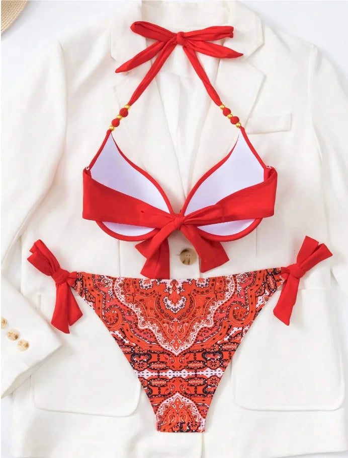 2026 Push Up Halter Bikini Printed Swimsuit Women Sexy Strappy Swimwear Female Bathers Bathing Swimming Swim Suit Beachwear