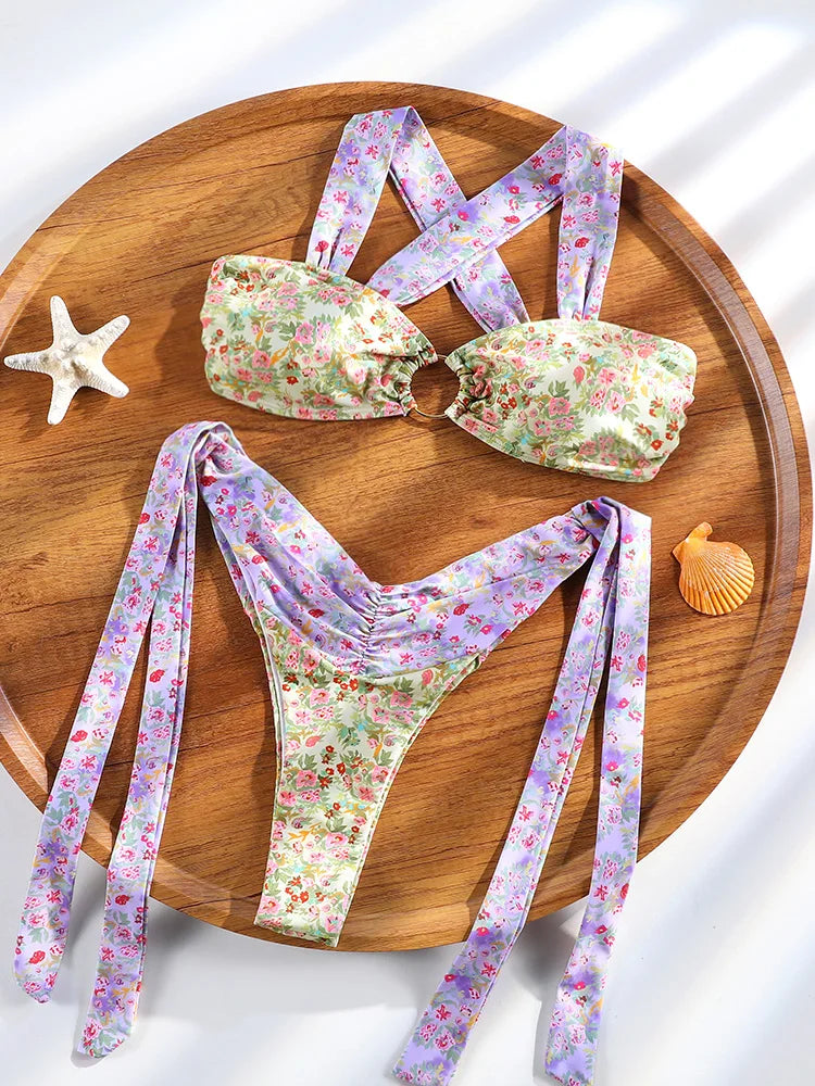 ZRTAK Purplish Blue Women Swimwear Bikinis Thongs Swimsuit Knot Biquini Beachwear Solid Bathing Suit Sexy Two Piece Bikini Sets