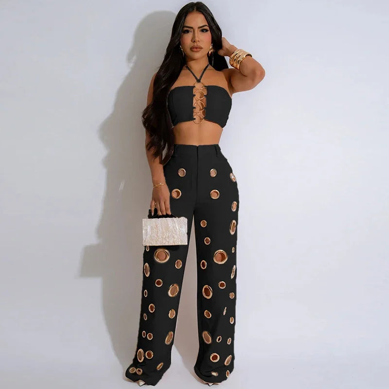 Sexy Night Party 2 Piece Sets Women Outfit Clubwear Festival Clothing Halter Strapless Crop Top and Hollow Out Wide Leg Pants