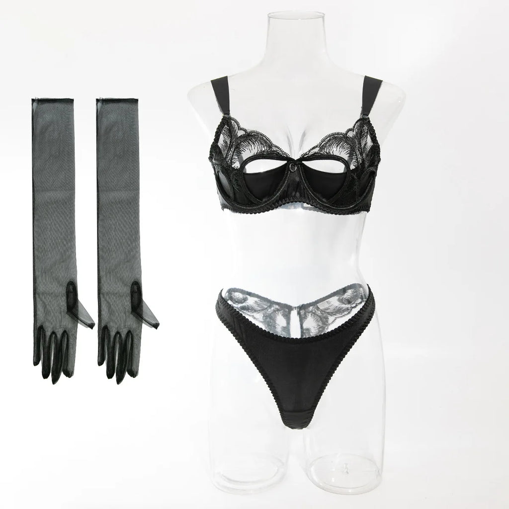 Krasapt New Fashion Sexy Hollow Out Satin Splicing Sexy Female Underwear Women's Embroidery Lingerie Set With GLoves Intimates