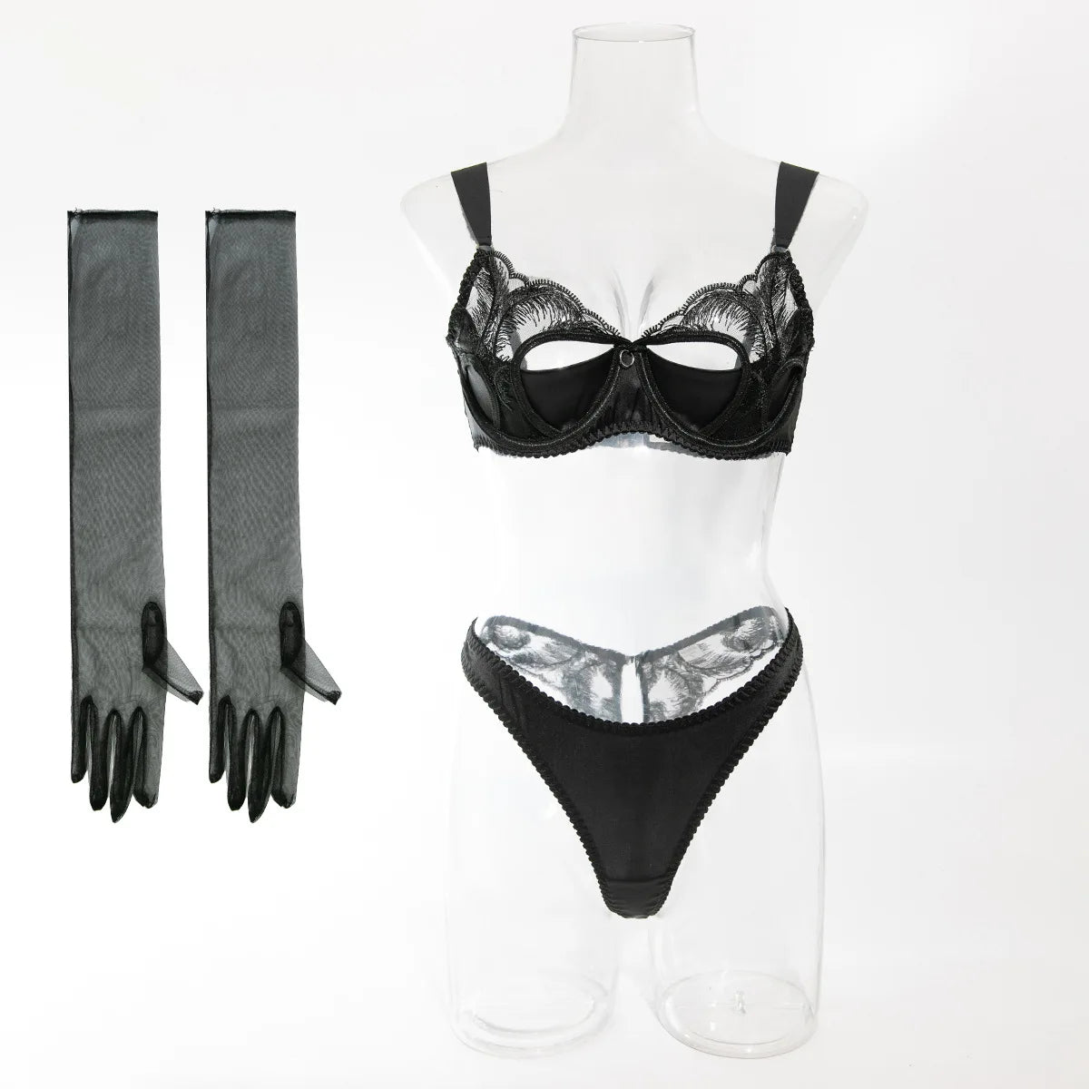 Krasapt New Fashion Sexy Hollow Out Satin Splicing Sexy Female Underwear Women's Embroidery Lingerie Set With GLoves Intimates