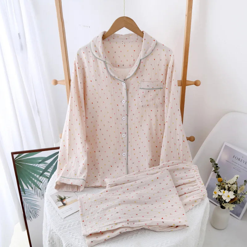 Summer women's 2-piece set of 100% pure cotton women's sleepwear bedroom set long sleeved+long pants women's sleepwear