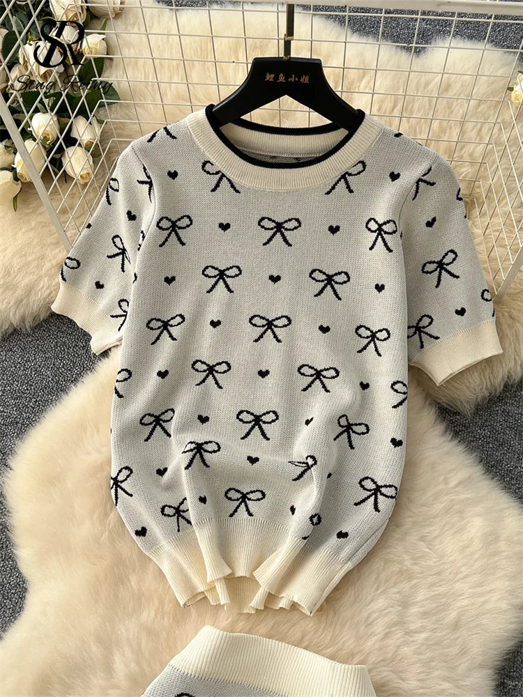 SINGREINY Newest Summer Knitting Suits O Neck Basic Tops+High Waist Sheath Long Skirt Bow Print Chic Casual Women 2pcs Sets