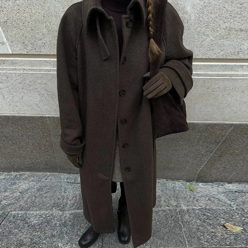 Elegant Stand Collar Long Woolen Coat Women Loose Full Sleeve Single Breast Warm Overcoat 2026 Spring Lady Outwear New