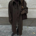 Elegant Stand Collar Long Woolen Coat Women Loose Full Sleeve Single Breast Warm Overcoat 2026 Spring Lady Outwear New