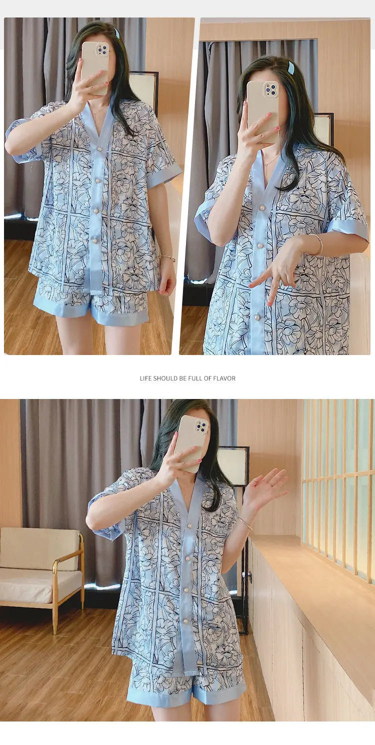 Luxury Women Silk Sleepwear Summer Short Sleeve Cardigan Shorts Two Pieces Homewear Kawaii Clothing Pajama Sets Nightwear Korean